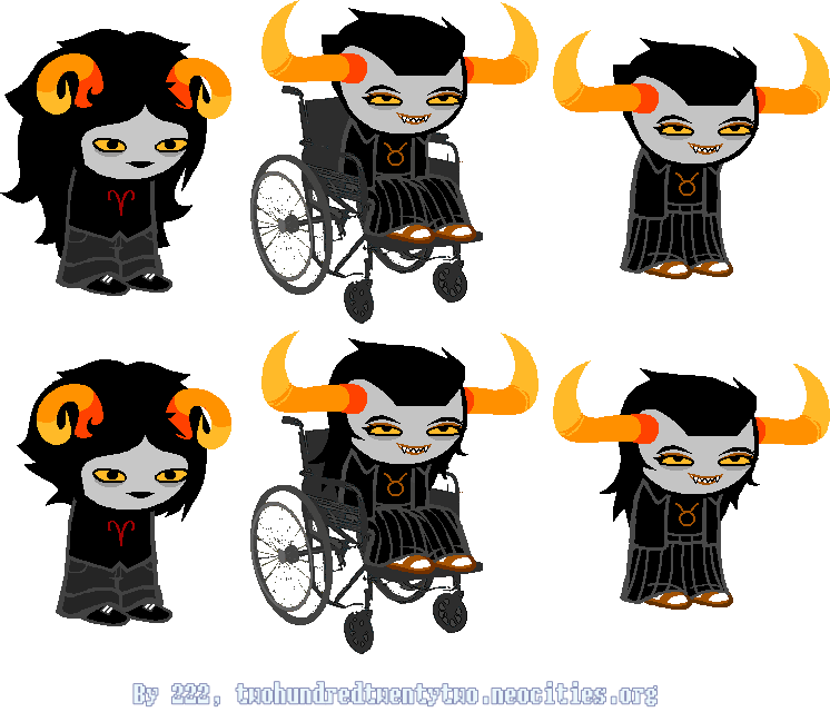A set of sprite edits of transmasculine Aradia and transfeminine Tavros. Aradia lacks makeup, and wears grey jeans, while Tavros is wearing bronze lipstick and eyeshadow, as well as a long pleated black skirt. Versions of them with a short pixie cut and a long mullet respectively are sprited.